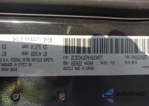 2019 Dodge Charger Sxt Awd из США, поврежденный, VIN 2C3CDXJG7KH623477